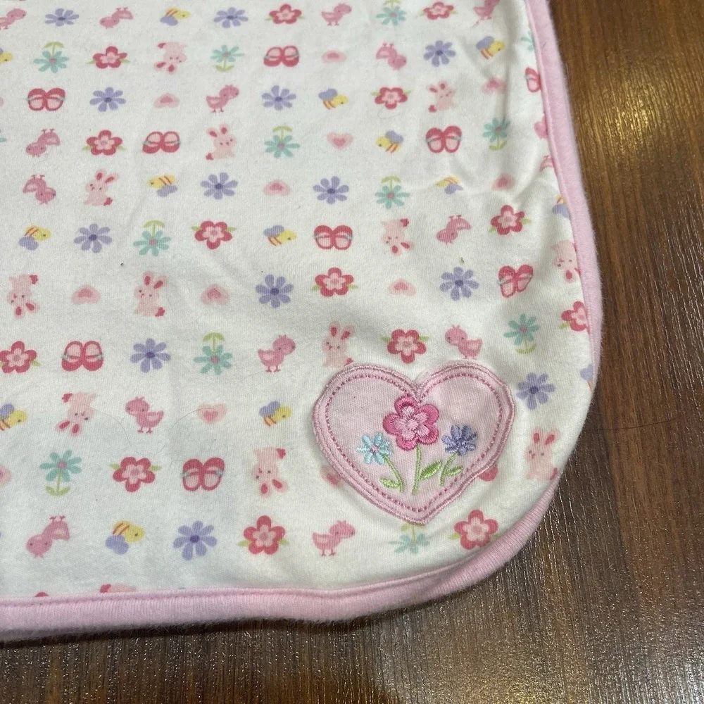 HTF Rare Carters‎ Pink Baby Blanket Embroidered Heart Flower Bunny Shoes Bee